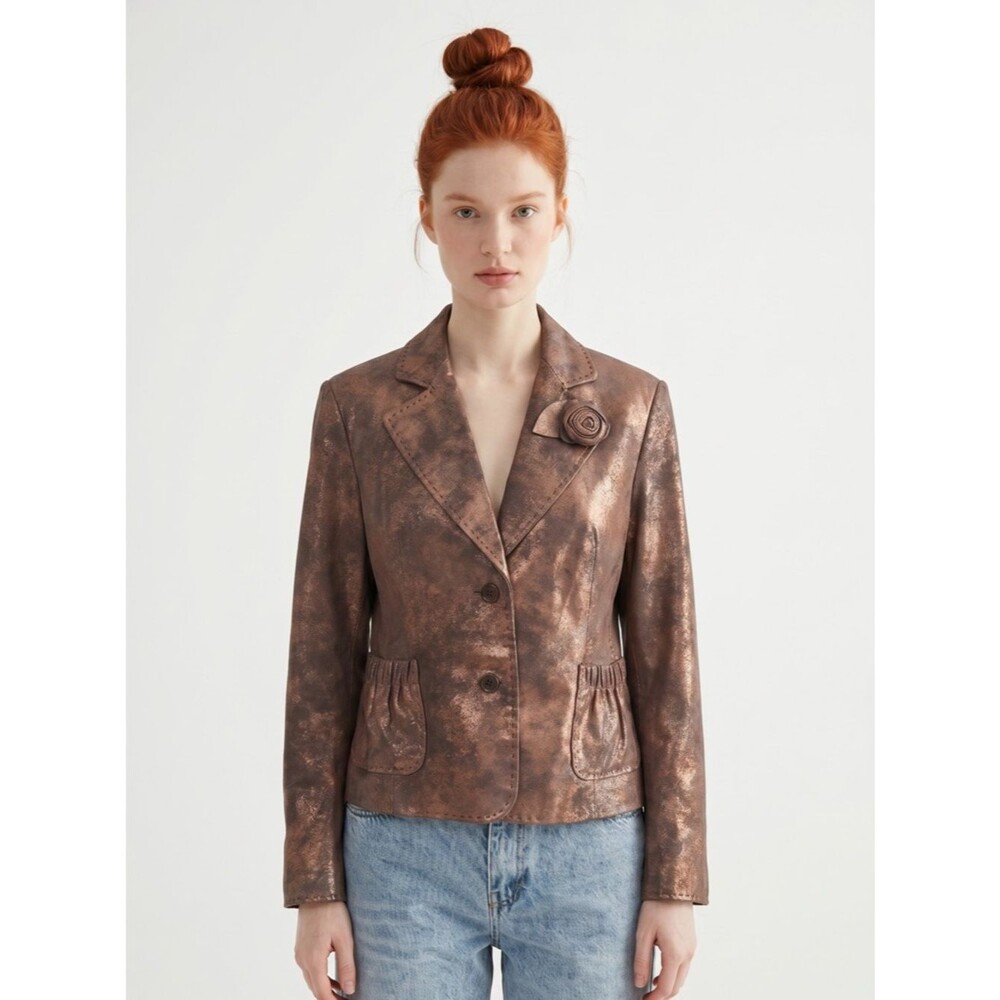 C&E Studio Vintage Y2K Metallic Bronze Blazer Jacket Genuine Suede Leather size4